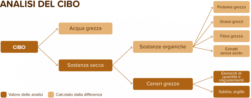 Rappresentazione schematica degli ingredienti contenuti negli alimenti per cani e gatti